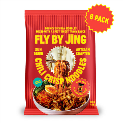 FLYBYJING Chili Crisp Noodles - Sun-Dried, Wavy Asian Instant Noodles Tossed in Sichuan Chili Crisp Sauce - Ready in 6 Minutes - Vegan, High Protein, No MSG, 4.02 oz (Pack of 6)