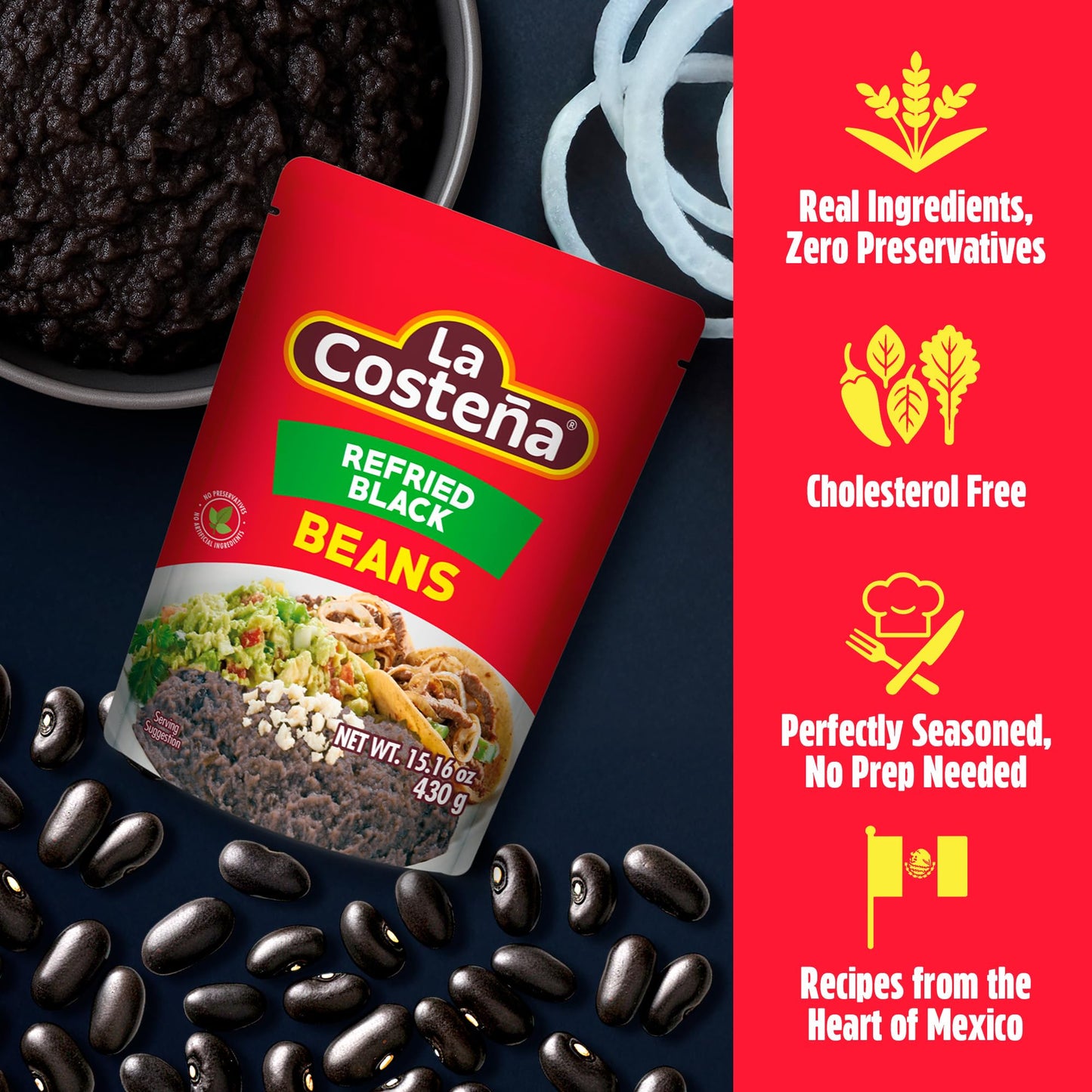 La Costeña Refried Black Beans - 60 Second Microwave Ready to Eat Meals for Mexican Food, Mexican Rice, Nacho Bean Dip, Bean Burrito, Burger, Carne Asada, Fajita & Taco Seasoning - 15.16oz, 8 Pack