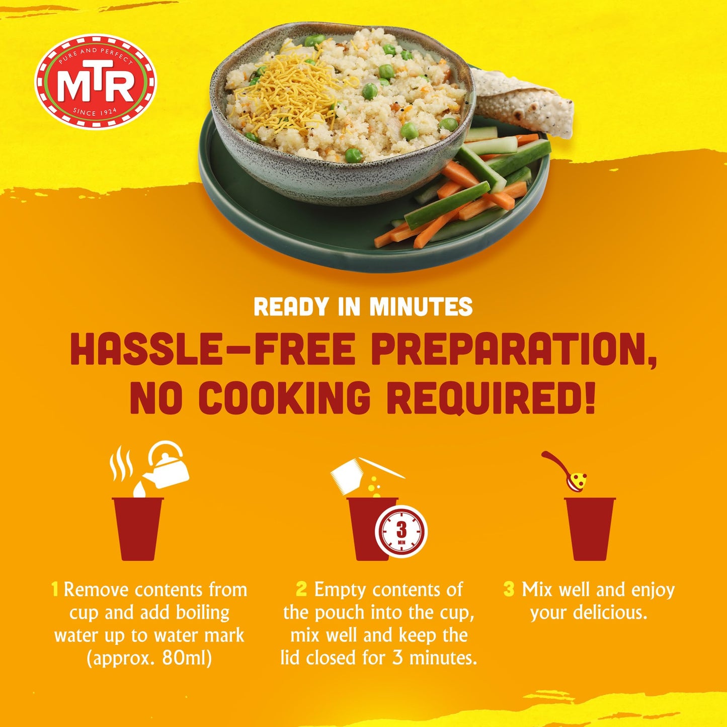 MTR 3minute Veggie Poha - Ready-to-Cook Mix - Authentic Indian Food in Just 3 Minutes - 100% Vegetarian - No Added Preservatives - Just Add Hot Water - Quick & Easy ((Veggie Upma Cup - 80g, Pack of 6)