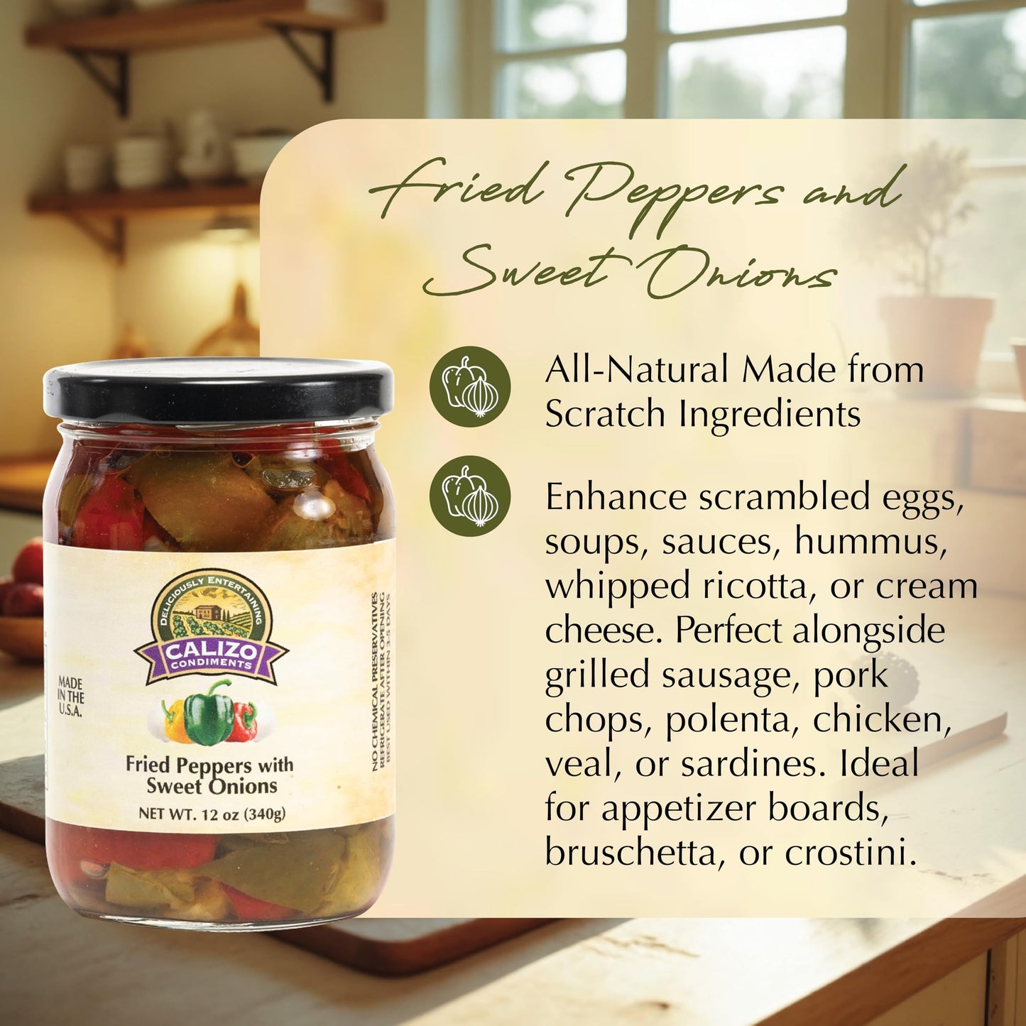 Calizo Condiments Fried Peppers & Sweet Onions 12 oz Jar – Small Batch Italian Recipe, Gourmet Topping for Sandwiches, Pasta & Meats