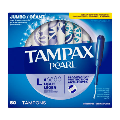 Tampax Pearl Tampons Light Absorbency with BPA-Free Plastic Applicator and LeakGuard Braid, Unscented, 50 Count
