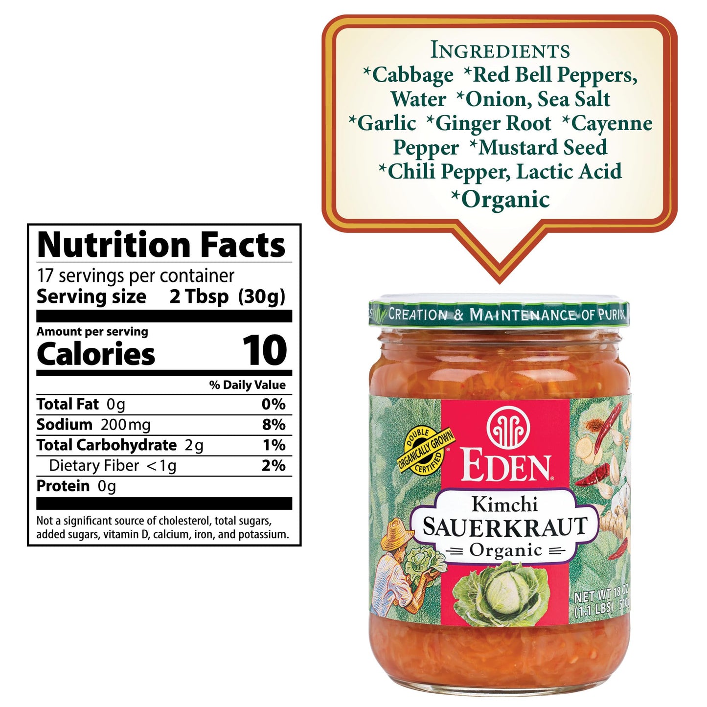 Eden Organic Sauerkraut, 18 oz Glass Jar, Kimchi, Fine Cut