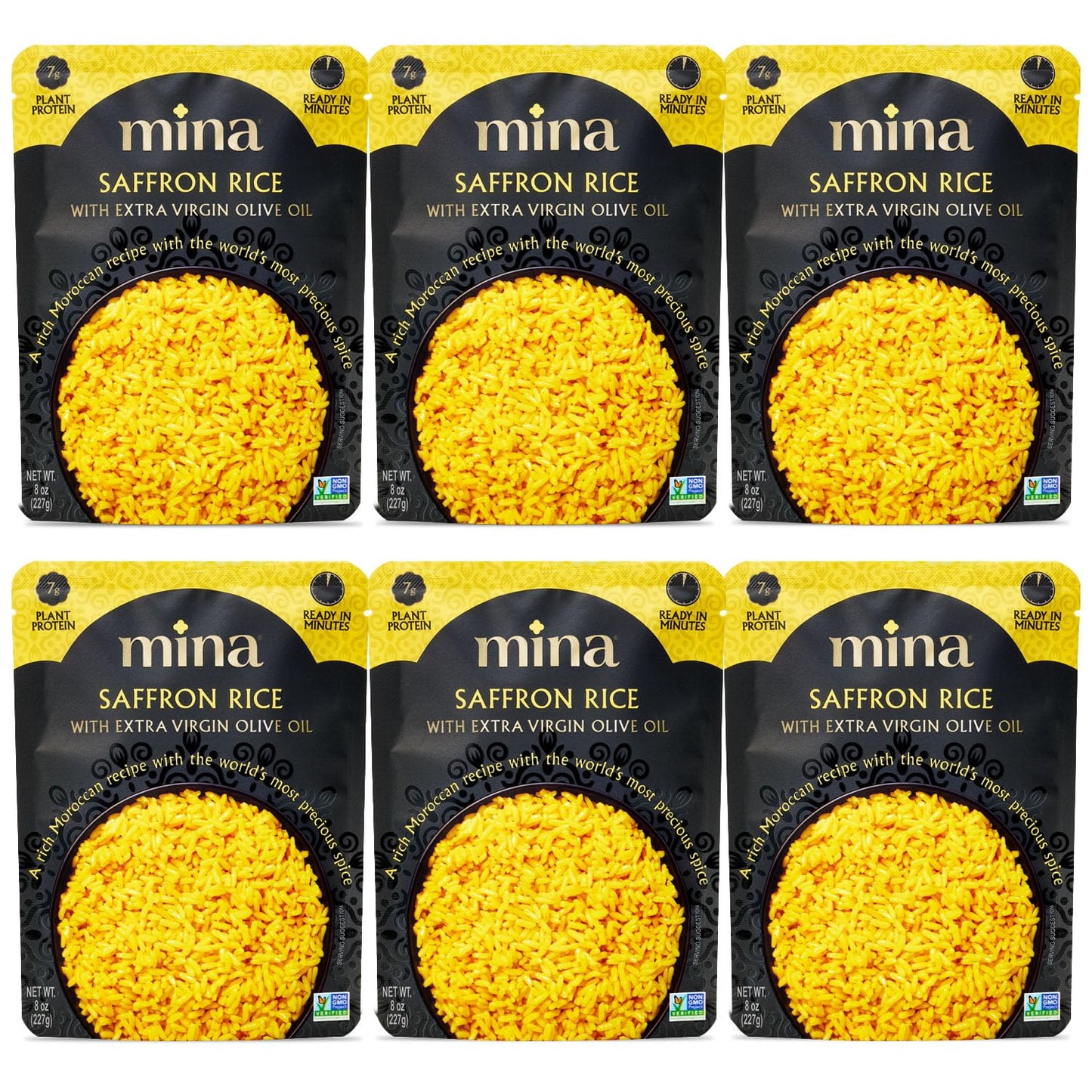 Mina Saffron Rice, Yellow Rice, With Extra Virgin Olive Oil, Ready to Eat Rice Pilaf, Side Dishes, Microwave Rice, Vegan Protein, Non-GMO, Gluten-Free, Kosher, 8 oz (Pack of 6)
