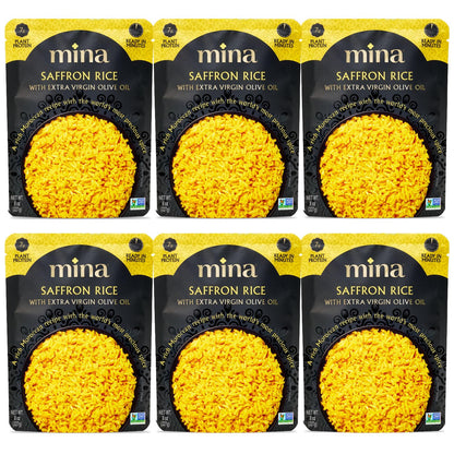 Mina Saffron Rice, Yellow Rice, With Extra Virgin Olive Oil, Ready to Eat Rice Pilaf, Side Dishes, Microwave Rice, Vegan Protein, Non-GMO, Gluten-Free, Kosher, 8 oz (Pack of 6)