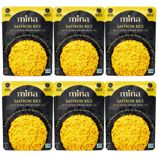 Mina Saffron Rice, Yellow Rice, With Extra Virgin Olive Oil, Ready to Eat Rice Pilaf, Side Dishes, Microwave Rice, Vegan Protein, Non-GMO, Gluten-Free, Kosher, 8 oz (Pack of 6)