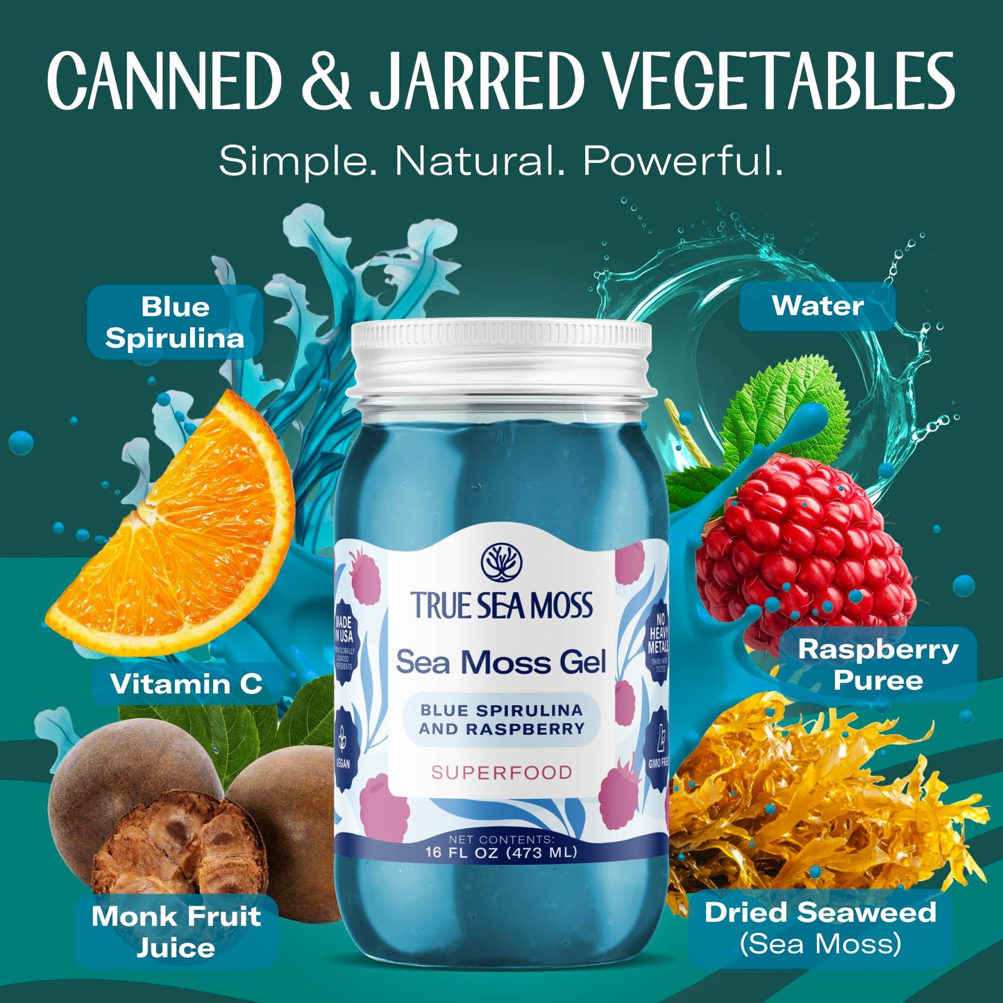 TrueSeaMoss Sea Moss Gel – Made in USA – Wildcrafted Seamoss, Fruits & Jarred Vegetables – Blue Spirulina, Pack of 1 (Labels may Vary)