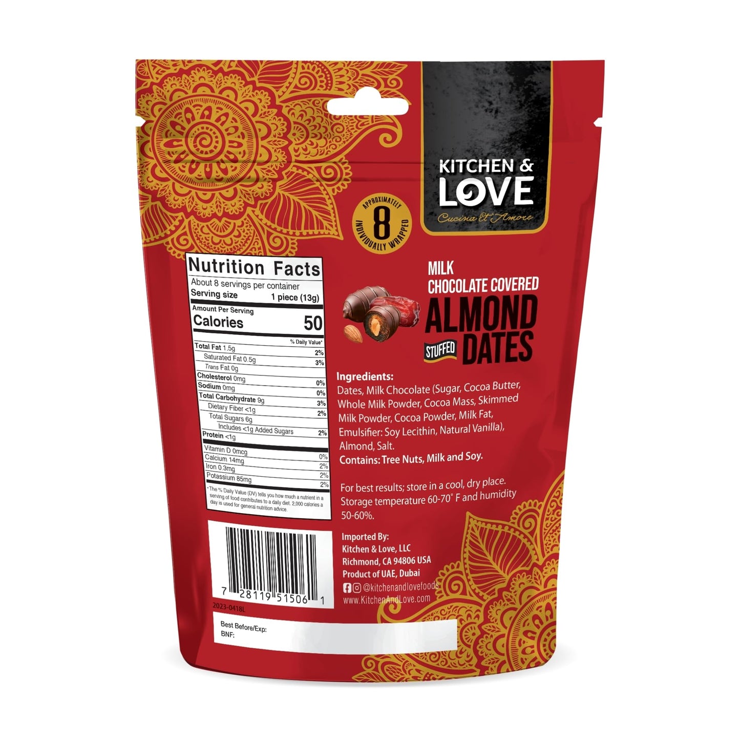 Kitchen & Love Milk Chocolate Covered Almond Stuffed Dates in a Convenient Resealable Pouch, 8 Individually Wrapped Pieces, Healthy Snack, 3.5 oz pouch (Pack of 4)