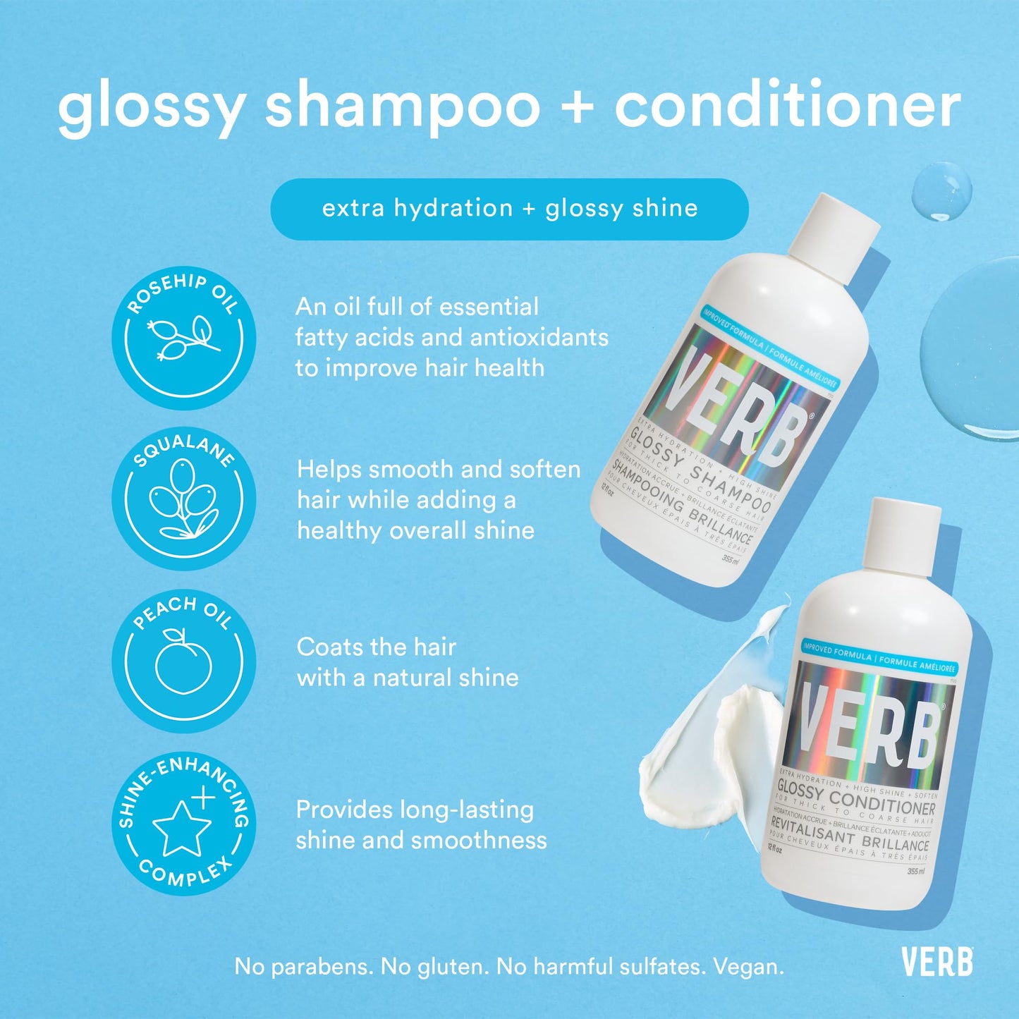 VERB Glossy Shampoo – Cleanses + Adds High Shine for Thick to Coarse Hair – Vegan, No Parabens or Harmful Sulfates