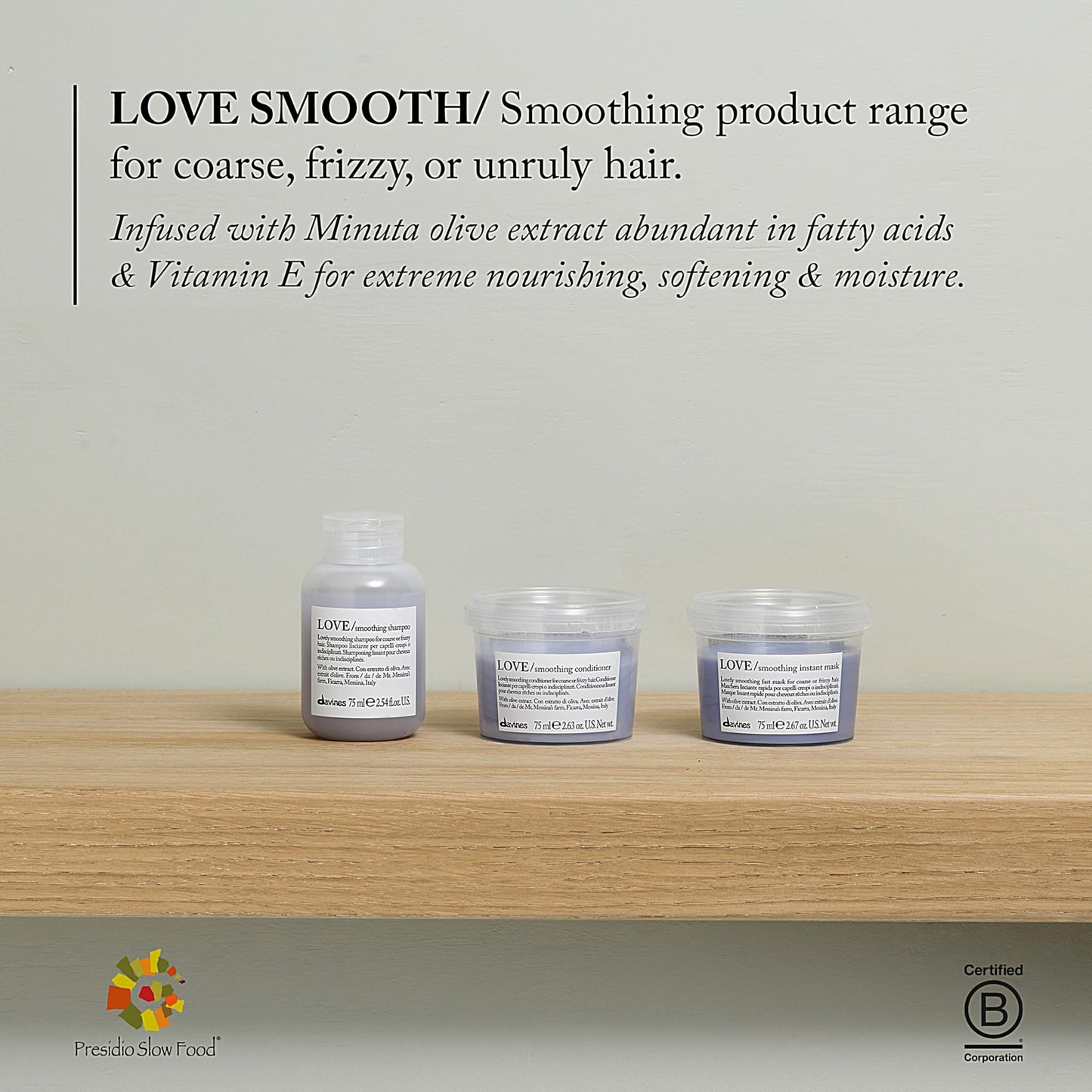 Davines LOVE Smoothing Shampoo, Taming Anti-Frizz Gentle Cleansing Action for Wavy, Unruly, Coarse Hair - Gives Shine, Elasticity, Softness & Sleek Look with Olive Extract, Travel Size, 2.54 Fl Oz