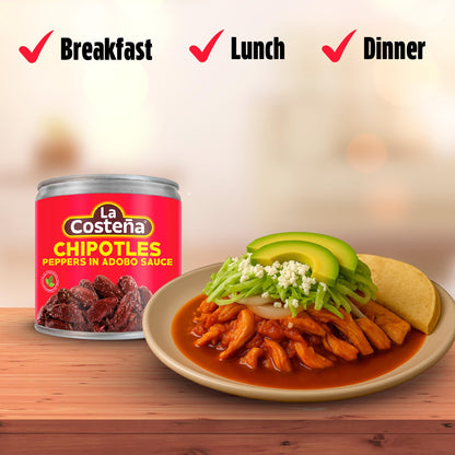 La Costeña Chipotle Peppers in Adobo Sauce - Smoked Spicy Peppers Chipotle in Adobo Sauce - Mexican Food, Taco, Enchiladas & Salsa - Hot Pickled Vegetables - 7oz, 6 Pack Canned Vegetables