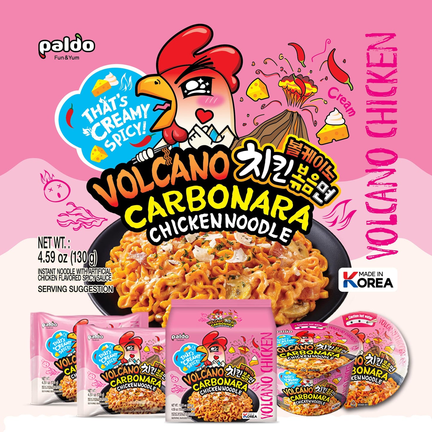 PALDO FUN & YUM Volcano Carbonara Creamy Spicy Chicken Noodle, 4.59 Ounce (Pack of 8)