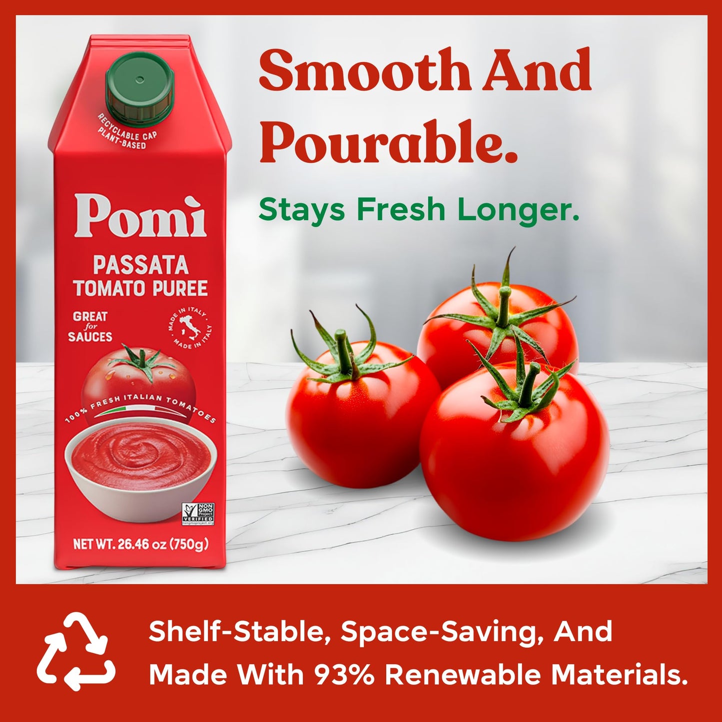 Pomì Tomato Passata 26.46oz (Pack of 6) - Made in Italy - Creamy, Velvety Tomato Puree with Touch of Salt, No Additives or Preservatives - 100% Fresh Italian Tomatoes - BPA-Free, Gluten-Free