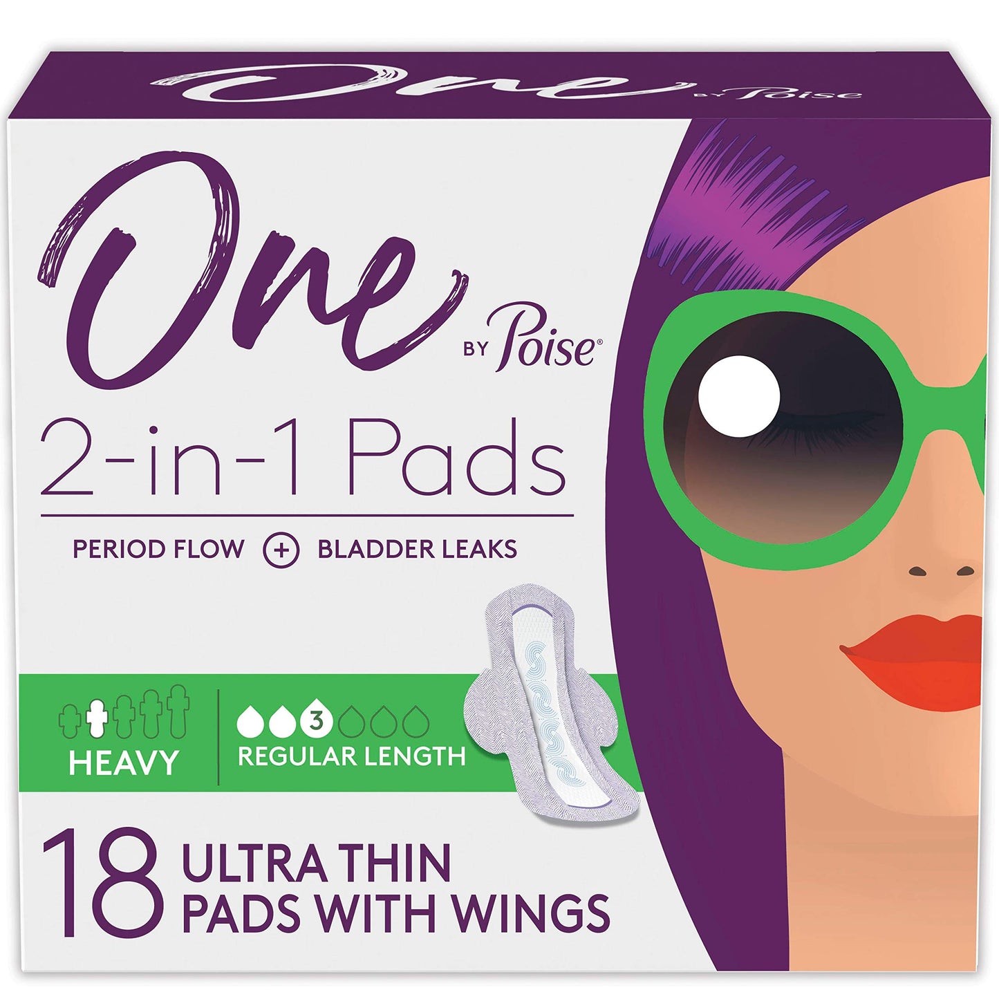 One by Poise Feminine Pads with Wings (2-in-1 Period & Bladder Leakage Pad for Women), Regular, Heavy Absorbency for Period Flow, Light Absorbency for Bladder Leaks, 18 Count