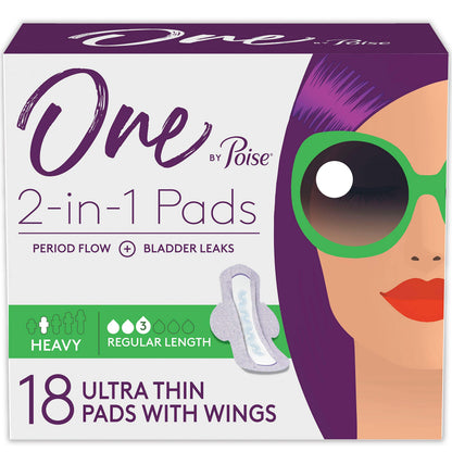 One by Poise Feminine Pads with Wings (2-in-1 Period & Bladder Leakage Pad for Women), Regular, Heavy Absorbency for Period Flow, Light Absorbency for Bladder Leaks, 18 Count