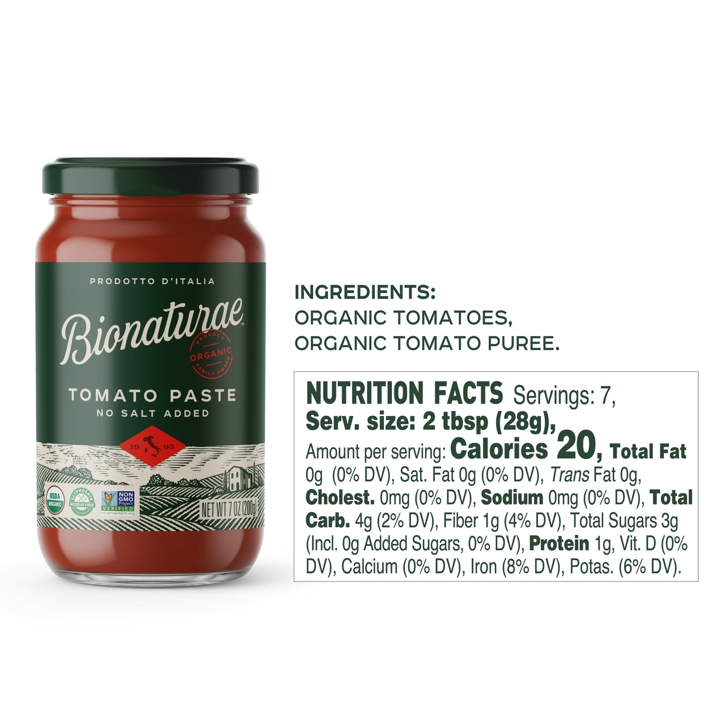 Bionaturae Organic Tomato Paste - No Salt Tomato Paste, Tomato Paste in a Jar, Keto Friendly, Non-GMO, USDA Certified Organic, No Added Sugar, No Added Salt, Made in Italy - 7 Oz, 12 Pack