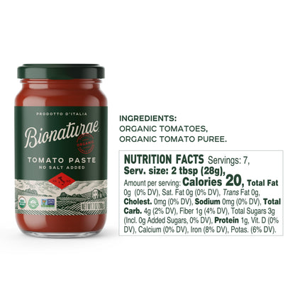 Bionaturae Organic Tomato Paste - No Salt Tomato Paste, Tomato Paste in a Jar, Keto Friendly, Non-GMO, USDA Certified Organic, No Added Sugar, No Added Salt, Made in Italy - 7 Oz, 12 Pack