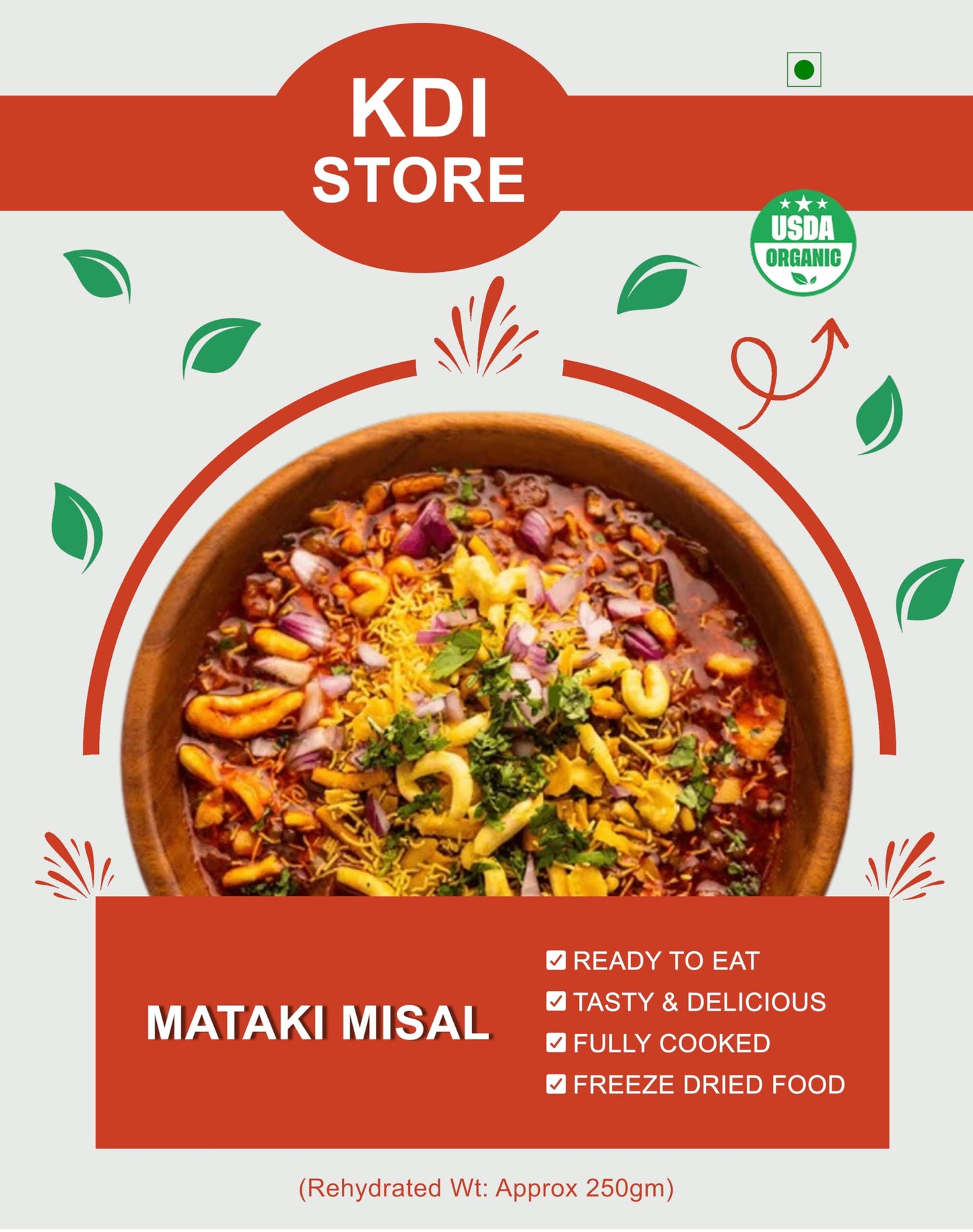 KDI Store Mataki Misal, Ready to Eat Indian Food, Spicy Maharashtrian Snack, USDA Organic, Fully Cooked, Freeze Dried, 80g