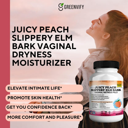 Juicy Peach Slippery Elm Bark Vaginal Dryness Moisturizer, Feminine Care for Women, End Vaginal Dryness with Slippery Elm Bark | Feminine Care for Vaginal Health, Made in USA, 60 Cap