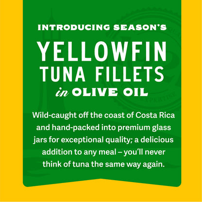 Season Yellowfin Tuna Fillets in Olive Oil - Wild Caught, Hand-Packed in Glass Jars, 16g of Protein per Serving, Premium Quality - 6.7 Oz (Pack of 6)