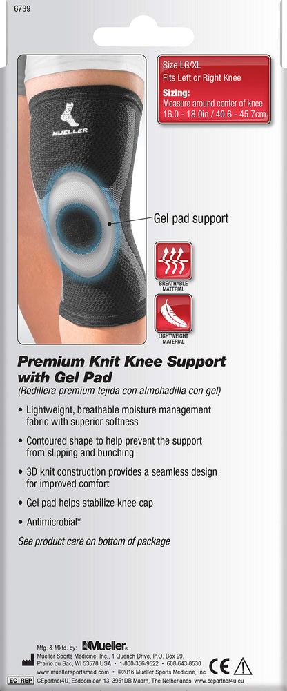 Mueller Sports Medicine Premium Knit Knee Support with Gel Pad, Knee Pain Relief Support for Men and Women, Ideal for Arthritis, Sprains
