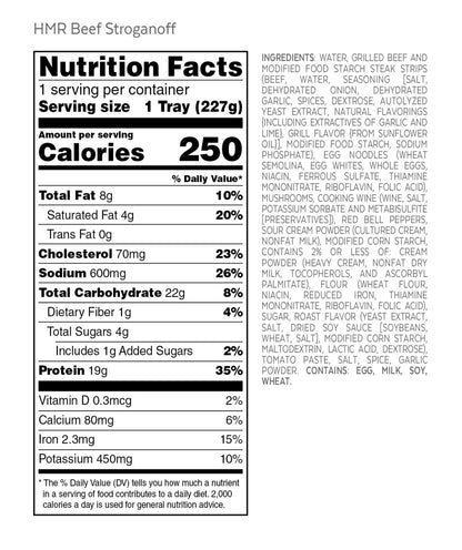 HMR Beef Stroganoff with Noodles Entrée | Pre-packaged Lunch or Dinner | Ready to Eat | 19g of Protein | Low Calorie Food | 8oz Serving per Meal | Pack of 6