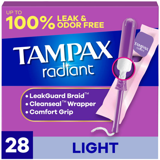 Tampax Radiant Tampons Light Absorbency with BPA-Free Plastic Applicator and LeakGuard Braid, Unscented, 28 Count