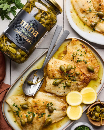 Mina Caperberries 33.5 oz, Premium Caper Berries with Stems, Perfect Mediterranean Seasoning or Garnish, Made with Caperberries, Vinegar, Water, and Sea Salt, Non-GMO, Vegan, Gluten-Free, Keto, Paleo