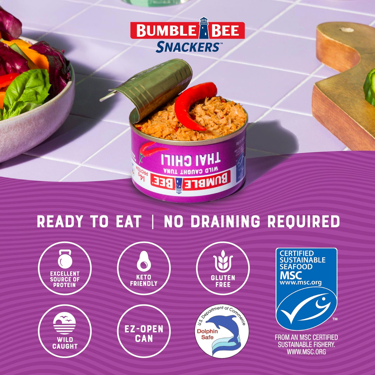 Bumble Bee Snackers Thai Chili - 14g Protein per Serving - No Draining, Ready to Eat - Wild Caught Skipjack Chunk Light Tuna for Snack, Salad, Korean Tuna Bowl - 3 oz Easy Open Can (Pack of 1)