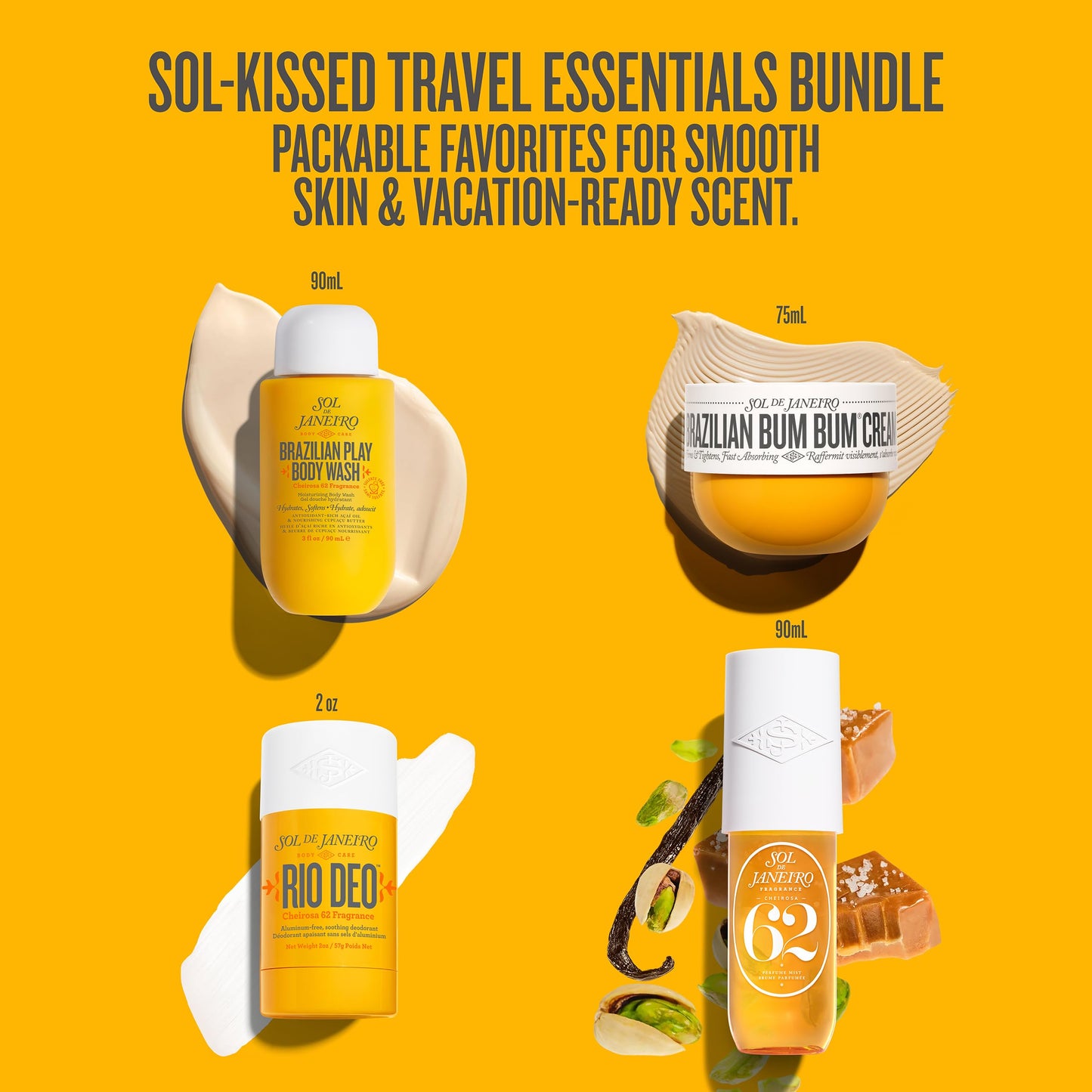 Sol de Janeiro Travel Essentials Bundle | Cheirosa 62 Perfume Mist, Rio Deo, Brazilian Bum Bum Cream, and Brazilian Play Body Wash | TSA Friendly Sizes | Amazon Excusive
