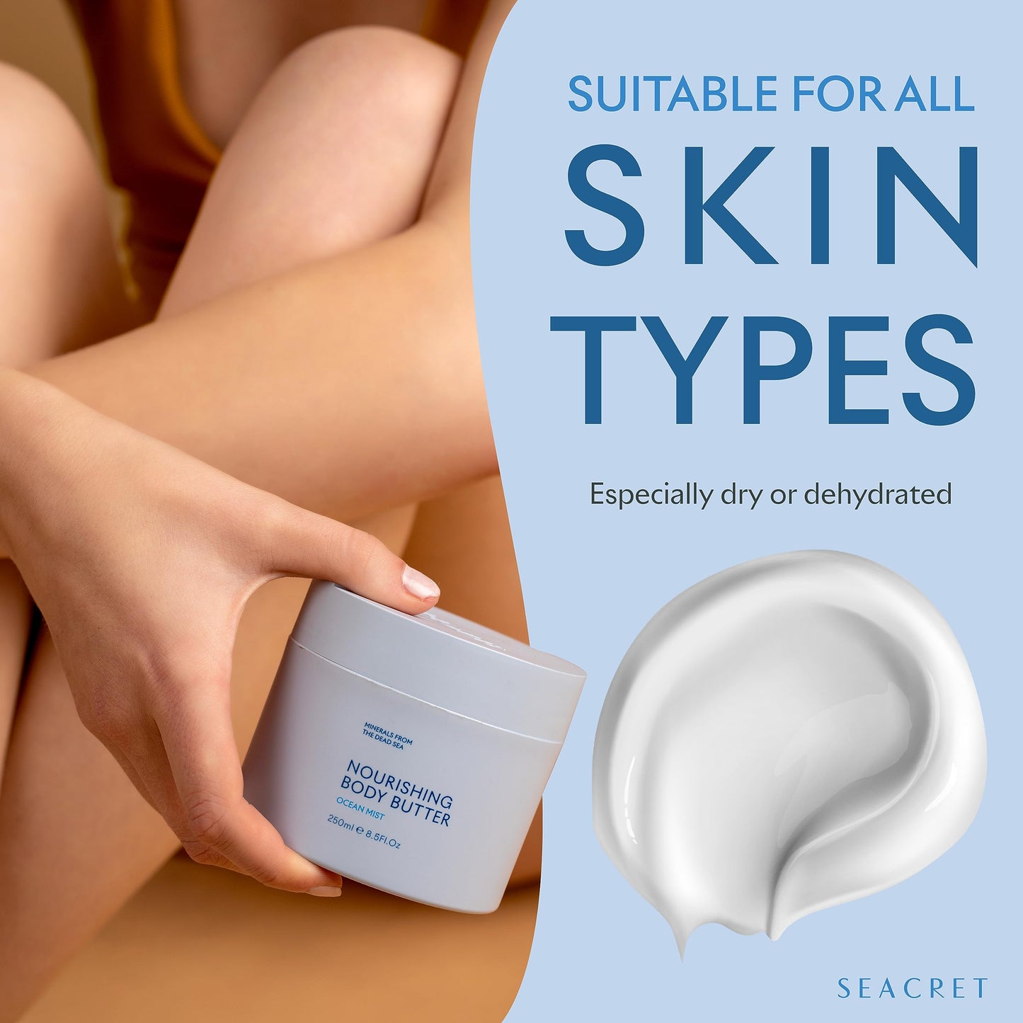 SEACRET Minerals Dead Sea Body Butter - Ultra-Rich Shea Butter & Coconut Oil Body Moisturizing Cream for Dry Skin, Fast Absorbing, Non-Greasy with Aloe Vera & Vitamin E, 8.5 fl. oz.
