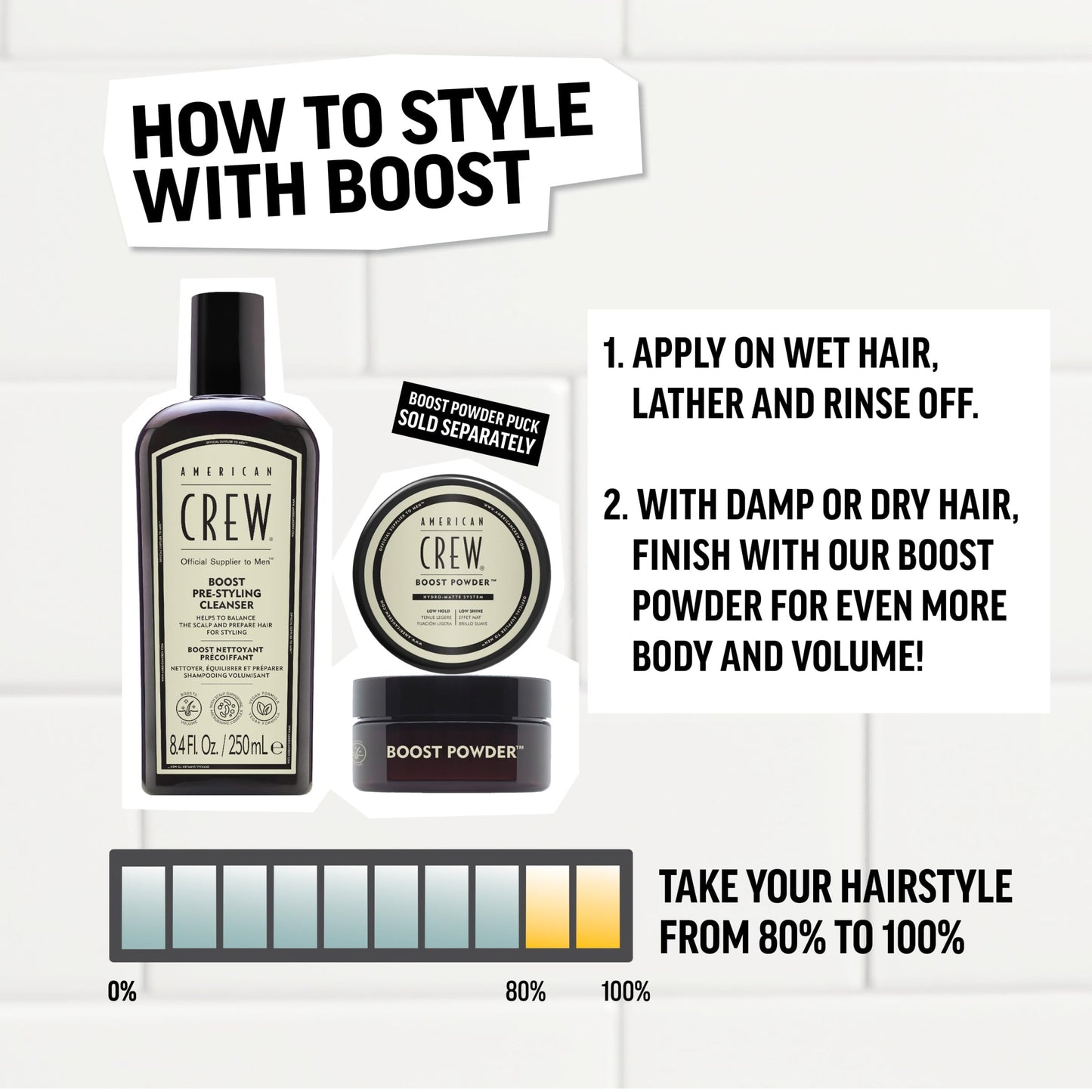 AMERICAN CREW Men's Pre Styler Boost Shampoo for Fine & Thin Hair, Instantly Volumizing Formula, Adds Volume, Lift, & Shine, Vegan, 8.4 fl oz