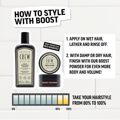 AMERICAN CREW Men's Pre Styler Boost Shampoo for Fine & Thin Hair, Instantly Volumizing Formula, Adds Volume, Lift, & Shine, Vegan, 8.4 fl oz