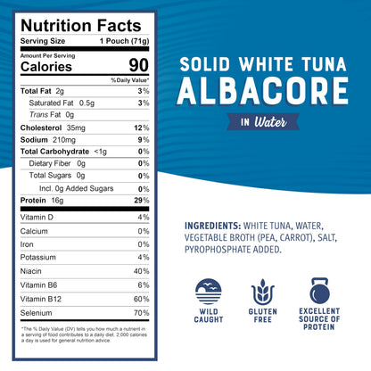 Bumble Bee Chunk White Albacore Tuna in Water, 2.5 oz Pouches (Pack of 12) - Ready to Eat Wild Caught Tuna Packet - 16g Protein per Serving, High in Omega-3s - Non-GMO, Gluten Free, Kosher