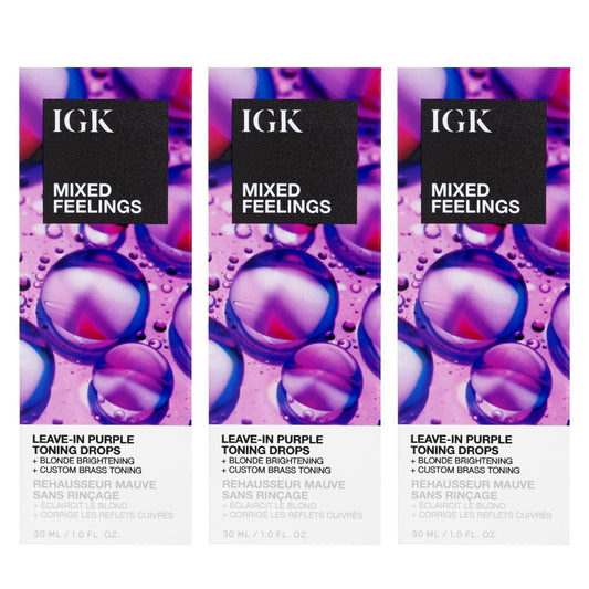 IGK Mixed Feelings Leave-In Blonde Toning Drops 3 pack – Customizable Purple Pigment for Neutralizing Brassiness in Blonde, Silver, and Violet Hair – Sulfate-Free, Paraben-Free