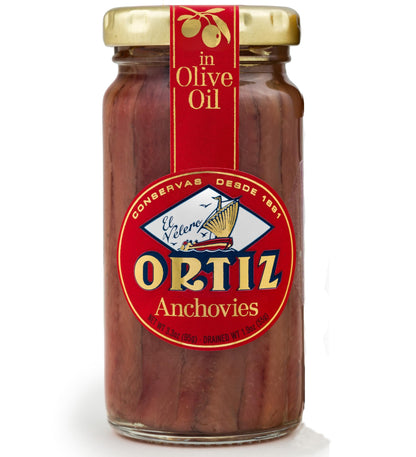 Ortiz Anchovies in Extra Virgin Olive Oil, Firm Buttery Fillets with a Rich Umami Taste, Wild Caught in Spain, Great for Pizza, Pasta and Caeser Salad, 3.3oz Glass Jar (Pack of 1)