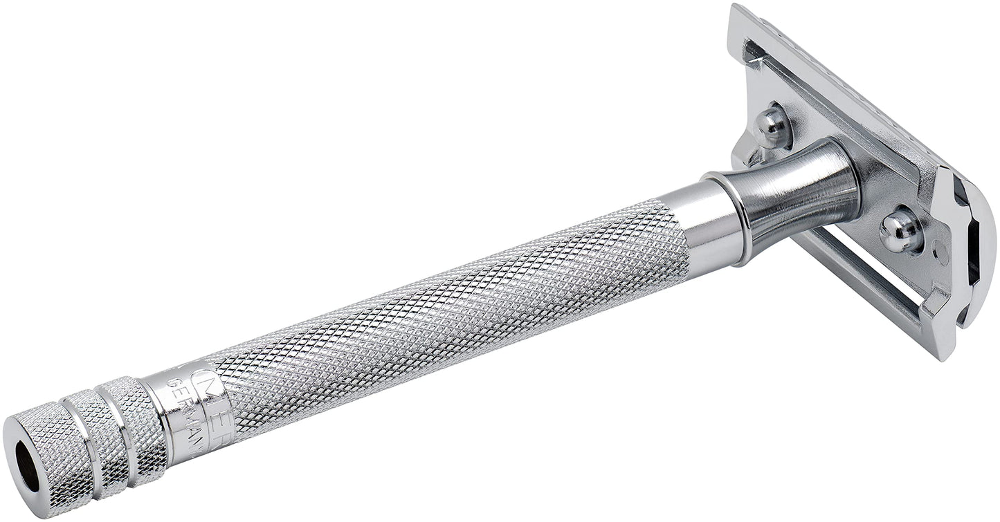 MERKUR 23C Double Edge Safety Razor - Polished Chrome, Long Knurled Brass Handle, Made in Germany, Plastic-Free, Three Piece Design, Closed Comb, Straight Bar