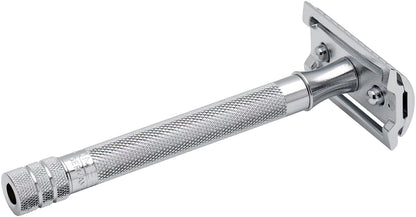 MERKUR 23C Double Edge Safety Razor - Polished Chrome, Long Knurled Brass Handle, Made in Germany, Plastic-Free, Three Piece Design, Closed Comb, Straight Bar