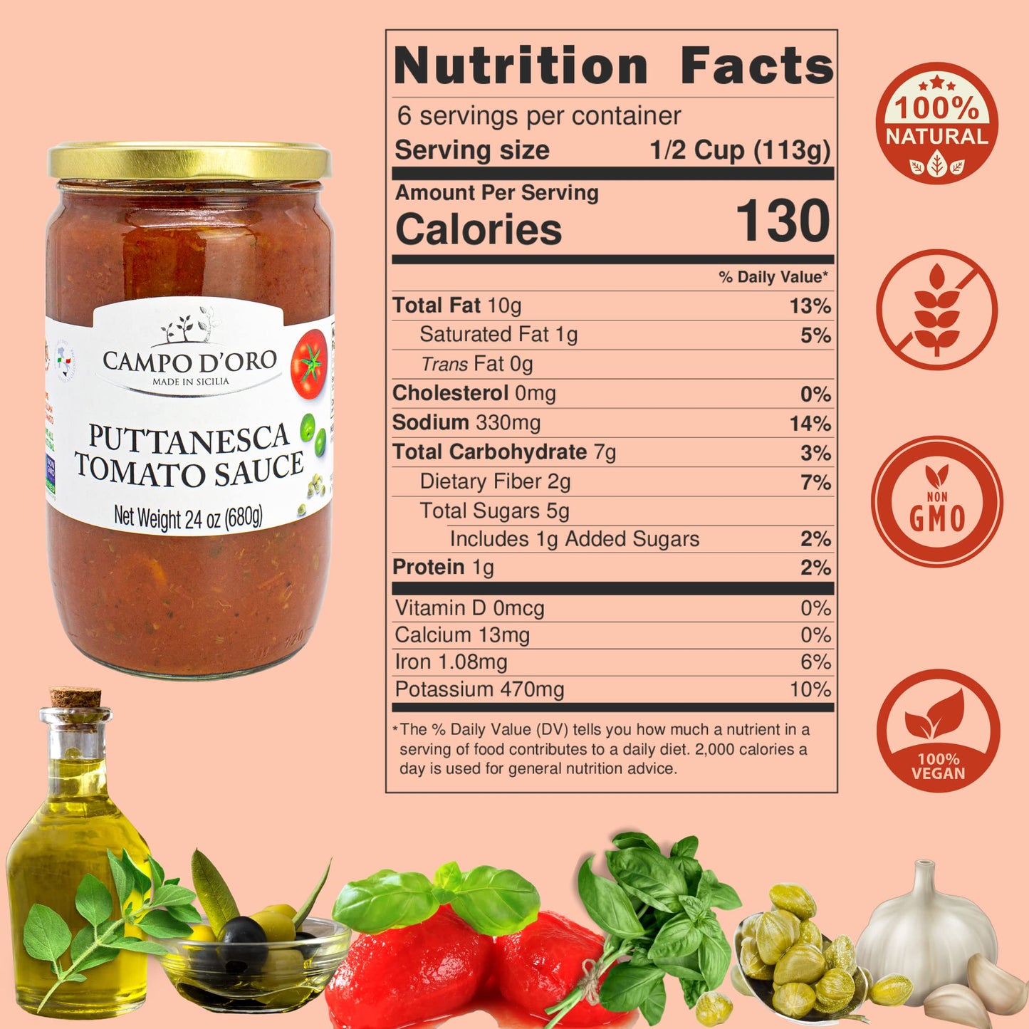 CAMPO D'ORO - Italian Puttanesca Tomato Sauce, 24 oz, Italian Homemade style Pasta Sauce, Spaghetti Sauce from Italy.