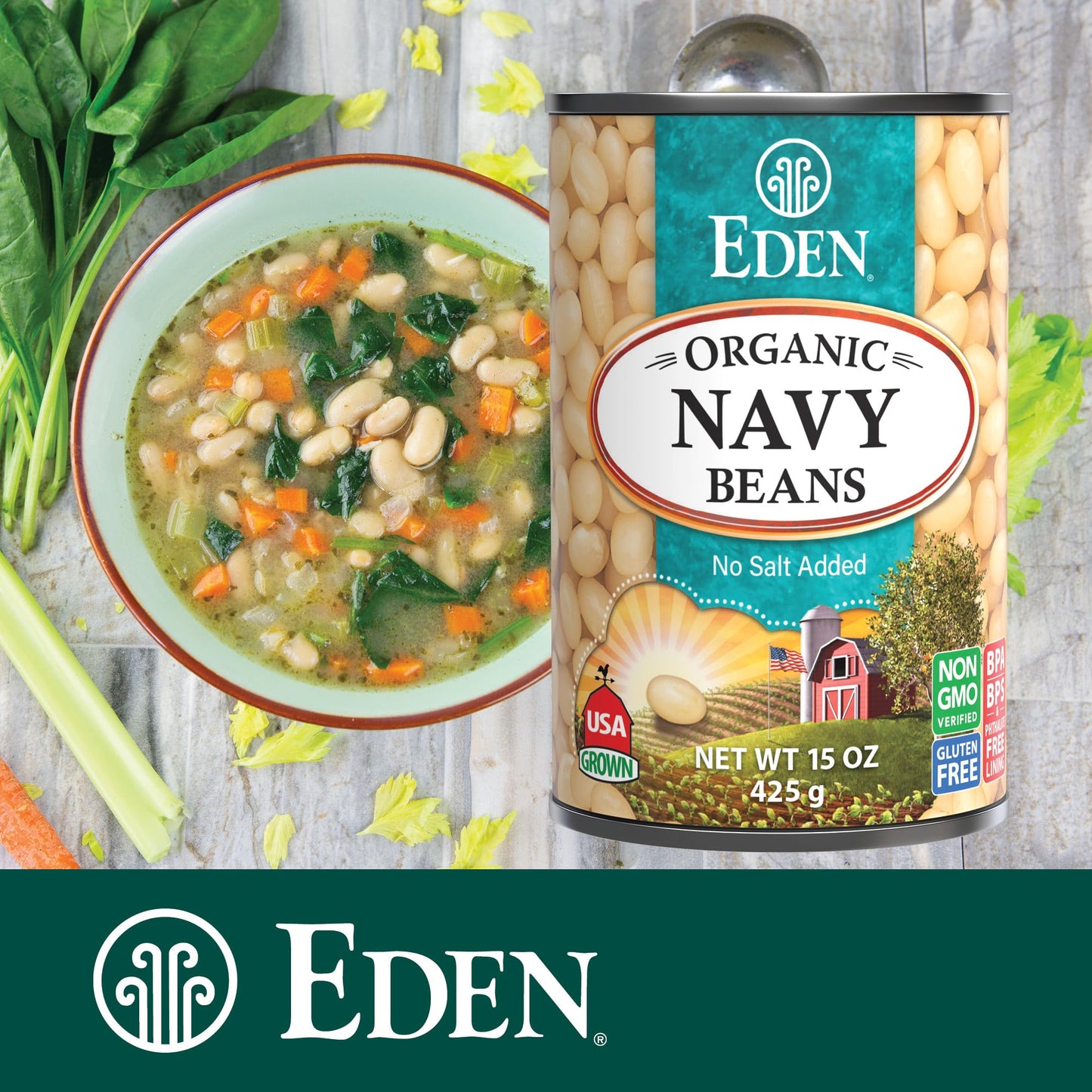 Eden Organic Navy Beans/White Beans, 15 oz Can (12-Pack), No Salt, Non-GMO, Gluten Free, Vegan, Kosher, U.S. Grown, Heat and Serve, Macrobiotic, Boston Bean