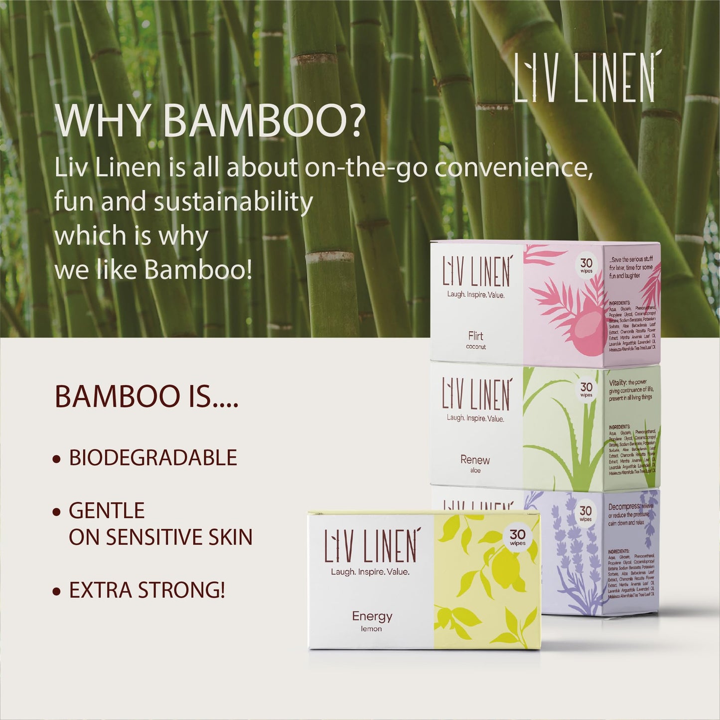 Bamboo Deodorant Wipes - 30 count - Individually Packaged - Aromatherapy Scents (Lemon, Lavender, Aloe and Coconut) (30 count, Lemon)