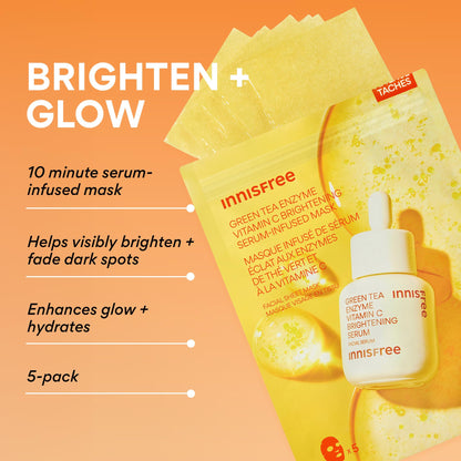 innisfree Green Tea Enzyme Vitamin C Brightening Serum-Infused Mask, 5 Pack Sheet Masks for Brightening & Glow, Ideal for Dry, Oily, & All Skin Types