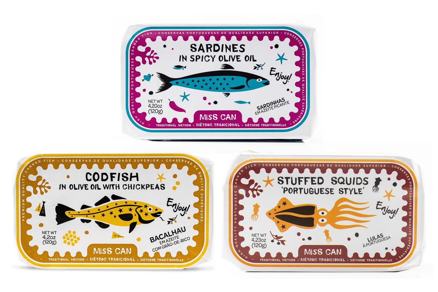 Miss Can Portuguese Power Trio, Gourmet Tinned Seafood Variety Pack | Sardines, Codfish, Stuffed Squids | Sustainably Caught & Hand-Packed in Portugal | Authentic Ingredients | 4.2 oz Tins | 3 Pack