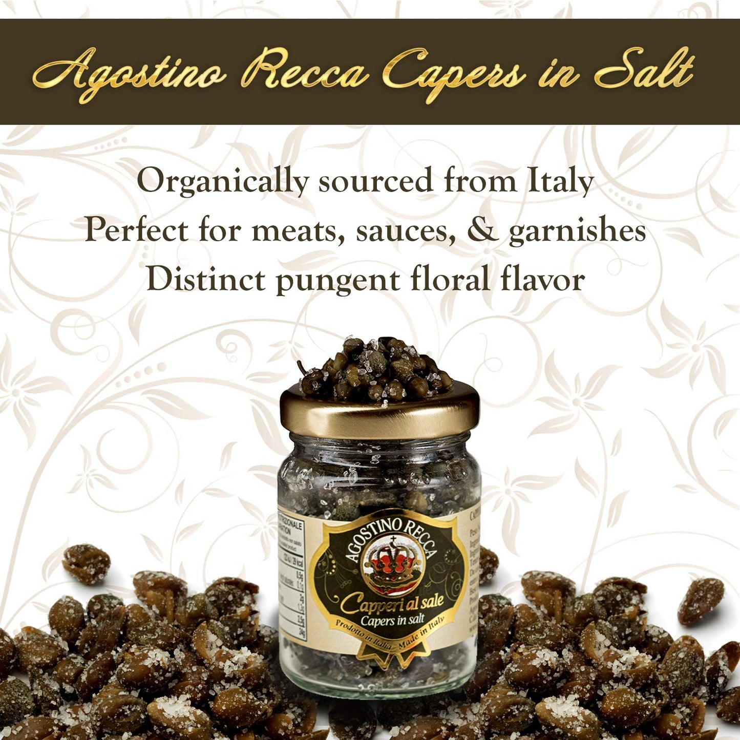 Agostino Recca Capers in Sea Salt - Pickled Capers Best for Sauces, Meats, & Garnishes (2.2 oz)