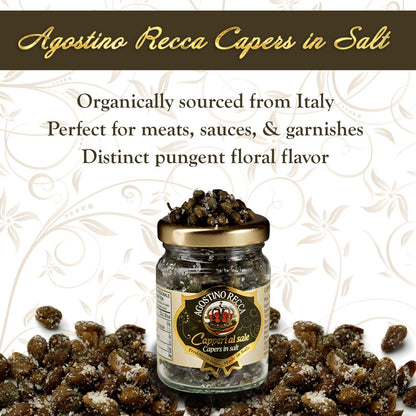 Agostino Recca Capers in Sea Salt - Pickled Capers Best for Sauces, Meats, & Garnishes (2.2 oz)