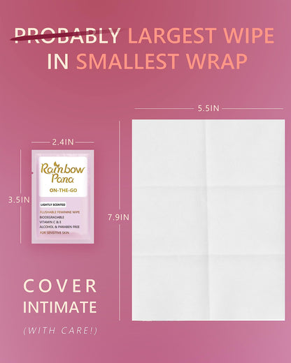 RainbowPana Feminine Wipes, 120 Count ON-THE-GO Individually Wrapped | Flushable Wipes, Travel Wipes for Women, Pre/Post-Intimacy Cleansing | Aloe, Portulaca, Vitamin E | pH Balanced, Biodegradable