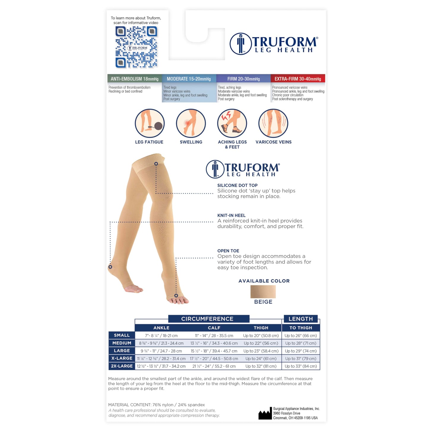 Truform 15-20 mmHg Compression Stockings for Men and Women, Thigh High Length, Dot Top, Open Toe, Medium
