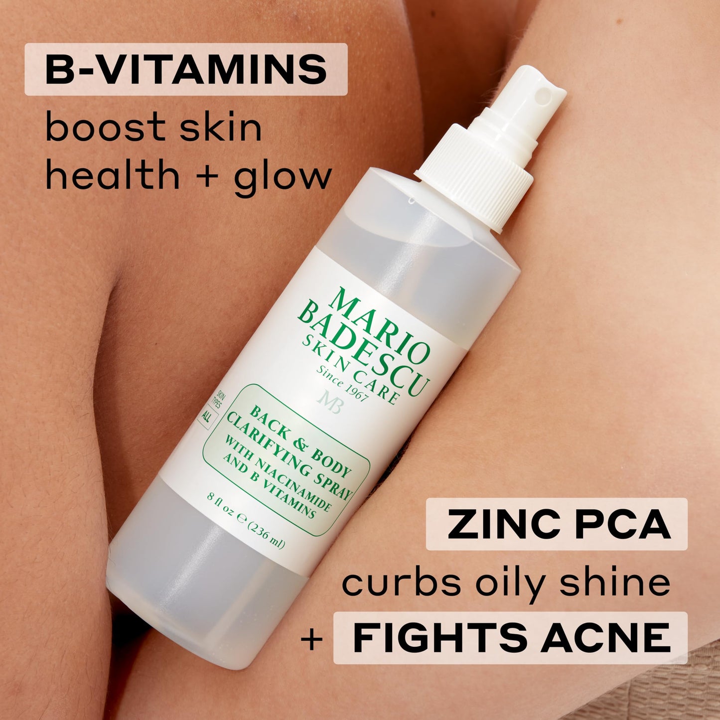 Mario Badescu Back & Body Clarifying Spray – Targets Stubborn Back-Acne and Backne, Rejuvenates Skin with Niacinamide, Zinc-PCA & B Vitamins – Soothes Irritation, Strengthens Skin Barrier, 8 Fl oz