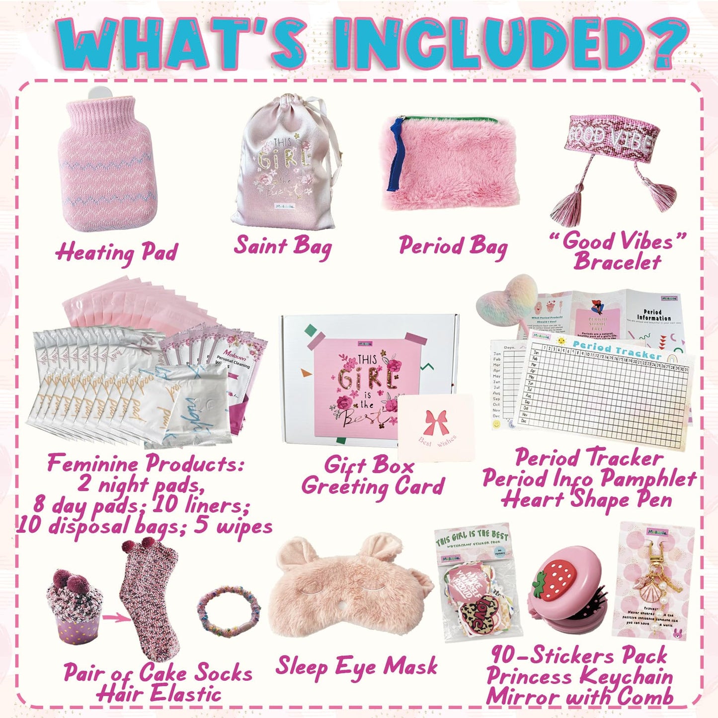 First Period Kit for Girls 9-12 | 50 PC MultipieYo Teen Preteen Tween Period Starter Kit for Girls 10-12 | 1st Period Gifts | Period Packs for Young Girls First Time