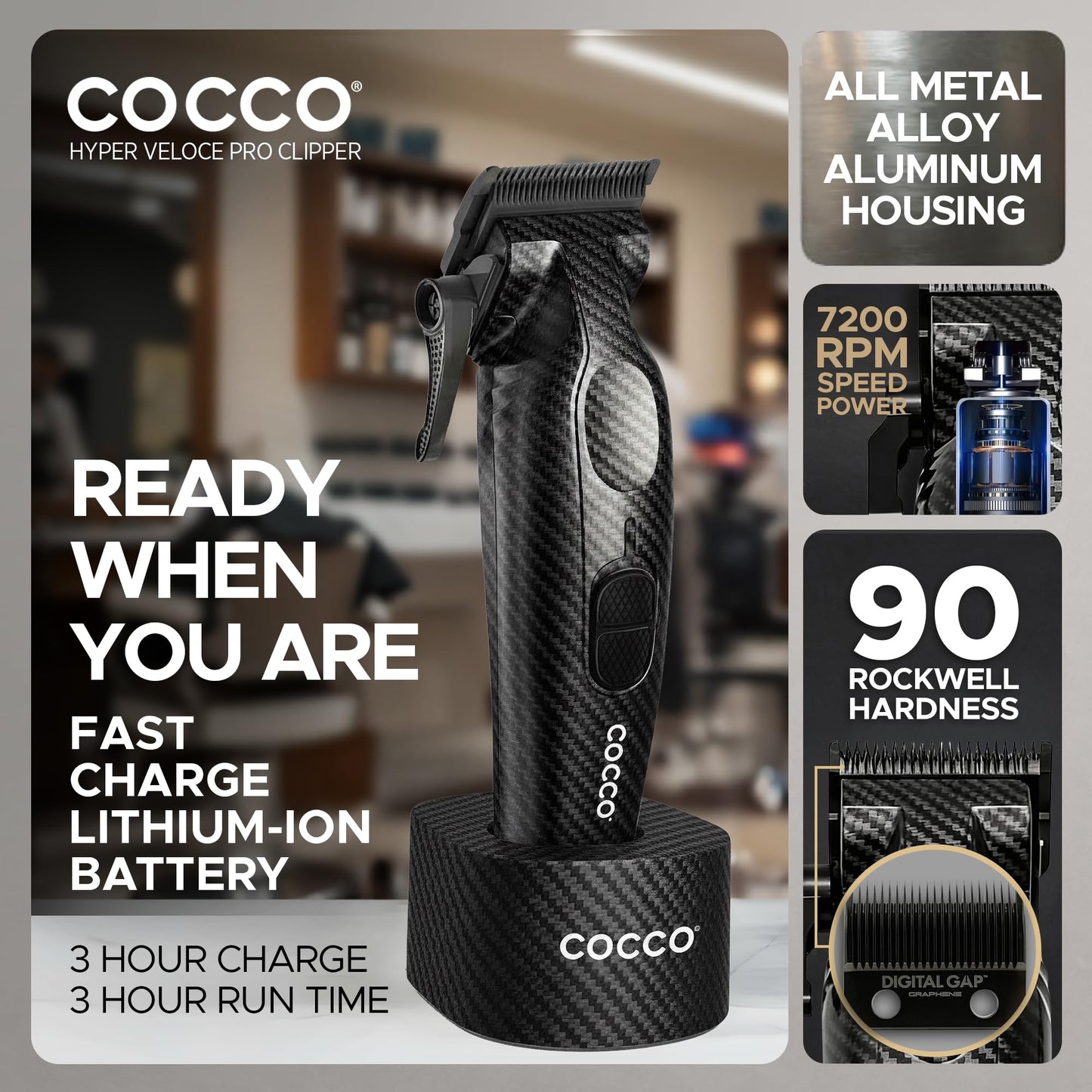 Cocco Hyper Veloce Pro Clipper, Digital Gap Ambassador Graphene Taper Blade Professional Hair Clippers, High-Torque BLDC Motor, All-Metal, Cordless, Charging Station Included (Carbon Fiber)