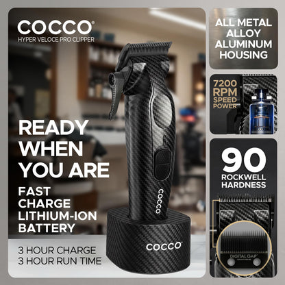 Cocco Hyper Veloce Pro Clipper, Digital Gap Ambassador Graphene Taper Blade Professional Hair Clippers, High-Torque BLDC Motor, All-Metal, Cordless, Charging Station Included (Carbon Fiber)